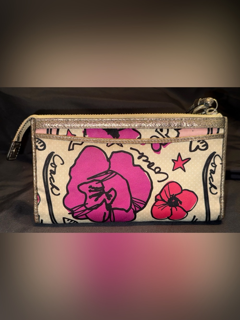 Coach Poppy Pink Floral Canvas Wristlet with Metallic Silver Tone Trim - Picture 2 of 15